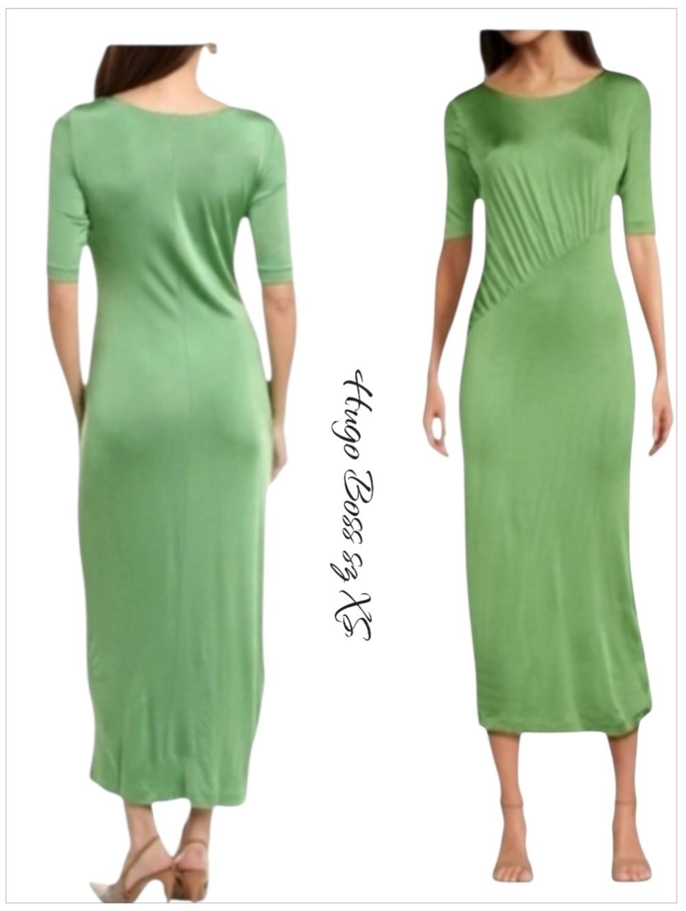 NWT Hugo Boss Etalicy Green Midi Dress Ruched XS - Picture 2 of 10